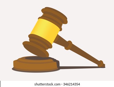 Wooden mallet with thin end handle strikes on a sound block. Vector illustration isolated on plain light background.