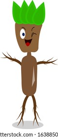 Wooden man with arms and legs in the shape of branches. Forest character for design cute smiles and winks on a white background nature and fantasy concept