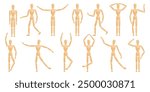 Wooden man artist mannequin puppet in different poses and action isolated set on white background. Wood human toy dummy figure standing, dancing, walking, moving and gesturing vector illustration