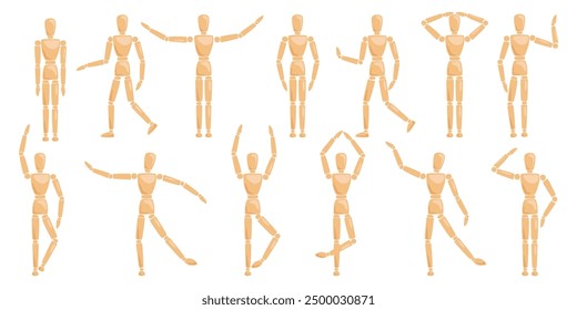 Wooden man artist mannequin puppet in different poses and action isolated set on white background. Wood human toy dummy figure standing, dancing, walking, moving and gesturing vector illustration