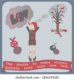 The wooden man dreams of getting rich.  Simple illustration on a light blue background.  Vector.