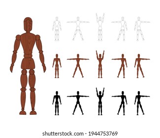 Wooden man mannequin collection isolated on white background. Wood dummy with different poses. Cartoon flat toy. Vector illustration