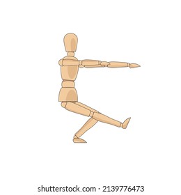 Wooden man model, manikin to draw human body anatomy pose single-leg squat. Mannequin control dummy figure vector simple illustration stock image	
