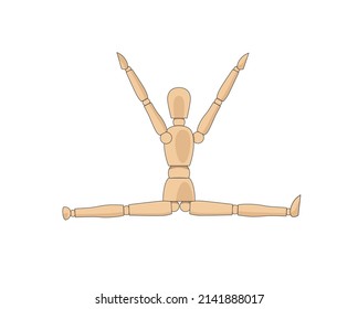 Wooden man model, manikin to draw human body anatomy leg-split pose. Mannequin control dummy figure vector simple illustration stock image	

