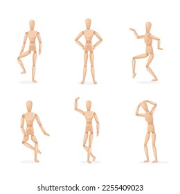 Hombre de madera posa. Juguete ficticio de madera, estatua de grupo modelo humano para dibujo artístico, figura de maniquí de marioneta en posición diferente, escultura de muñeca aislada, ilustración vectorial de figura de juguete ficticio corporal