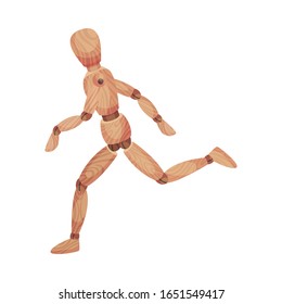 Wooden Man in Running Pose Isolated on White Background Vector Illustration
