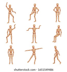 Wooden Man Standing in Different Poses Vector Set