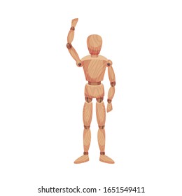 Wooden Man Standing with His Arm Raised Isolated on White Background Vector Illustration