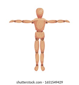 Wooden Man Standing with His Hands Apart Front View Isolated on White Background Vector Illustration