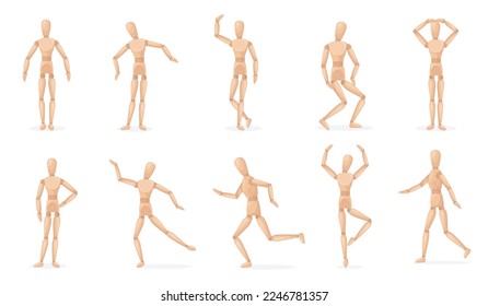 Wooden manikin. Wood man human anatomy statue, handmade puppet toys men figure mannequin doll with hands, body sculpture model for art marionette vector illustration of anatomy mannequin, body model