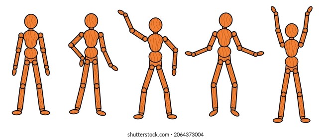 Wooden mannequin collection. Dummy with different poses. Cartoon flat style. Vector illustration isolated on white background.