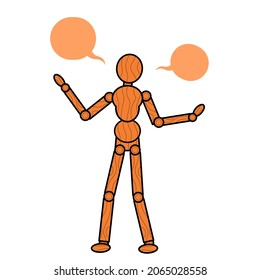 Wooden mannequin illustration with word balloons or empty speech bubbles isolated white background
