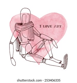 Wooden mannequin, wooden jointed doll wearing a scarf, dummy drawn line on a watercolor heart background.