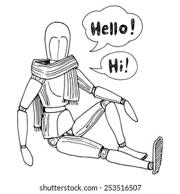 Wooden mannequin, wooden jointed doll wearing a scarf, dummy with speech bubbles drawn black line on a white background.