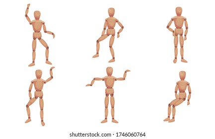 Wooden Mannequin with Joints in Different Poses Isolated on White Background Vector Set