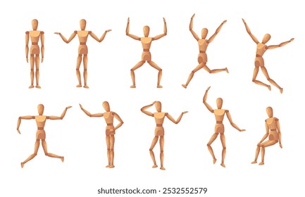 Manequim de madeira. Posição do corpo do manequim de referência, brinquedo da estátua do modelo humano de madeira com articulação. Manequins de arte em vários poses dinâmicas desenho animado conjunto de ilustração vetor isolado.