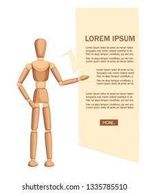 Wooden mannequin stand and show the text. Flat vector illustration on white background. Place for text. Web site page and mobile app design.