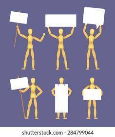 Wooden mannequins with the blank white signs. The objects are isolated against the violet-grey background and shown in various poses
