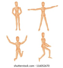 Wooden mannequins or manikins in different positions