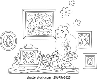 Wooden mantelpiece with an old clock, books, winter pictures and a burning wax candle, black and white outline vector cartoon illustration for a coloring book page