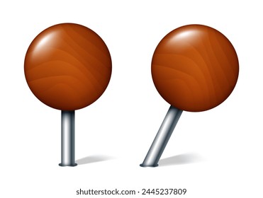 Wooden map pin. Vector 3D clipart isolated on white background.