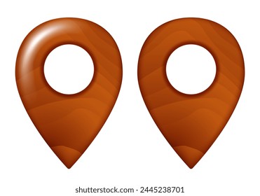 Wooden map pin. Vector 3D clipart isolated on white background.