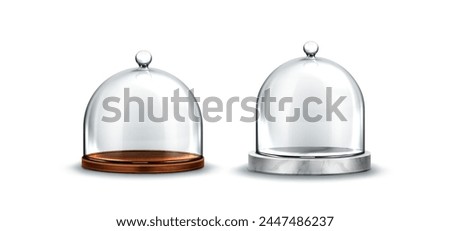 Wooden and marble stone stand for cake and pie with glass dome bell cover. Realistic 3d vector illustration set of sweet food display and safe storage. Empty plastic container on tray for pastries.