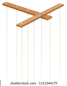 Wooden marionette control bar with strings without puppet. Symbol for manipulation, control, authority, domination - or just as a toy for a puppeteer. Isolated vector on white.