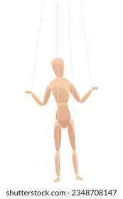 Marioneta de madera con articulaciones. Anatomía humana de madera, muñeca de estatua o figura de juguete de marionetas hechas a mano. Mímica o maniquí en la cuerda de control, ilustración vectorial