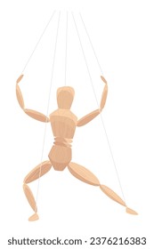 Marioneta de madera con articulaciones. Anatomía humana de madera, muñeca de estatua o figura de juguete de marionetas hechas a mano. Mímica o maniquí en la cuerda de control, ilustración vectorial