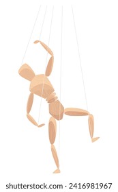 Wooden marionette with joints. Wood human anatomy, statue doll or handmade puppet theater toy men figure. Dummy or mannequin at control rope, vector illustration
