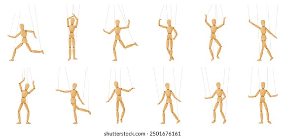 Wooden marionette. Wood puppets in different body poses, gestures and actions. Manikin for art lessons, dolls for artist training snugly vector set