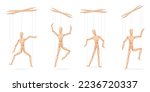 Wooden marionettes. Cartoon marionette doll on string for puppeteers hand, wood puppet manipulation, dummy mannequin at control rope, man theater toy vector illustration of marionette doll and puppet