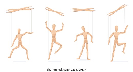 Marionetas de madera. Marioneta de dibujos animados muñeca en cuerda para la mano de titiriteros, manipulación de marionetas de madera, maniquí ficticio en cuerda de control, hombre teatro juguete ilustración vectorial de marionette muñeca y marioneta