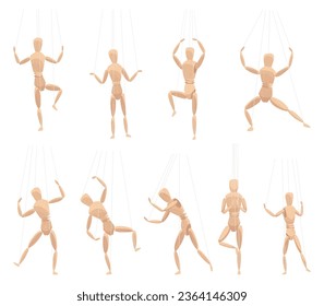 Marionetas de madera con articulaciones en diferentes poses. Anatomía humana maderera, muñeca de estatua o marionetas hechas a mano juguetes hombres figura. Mímica o maniquí en la cuerda de control, ilustración vectorial