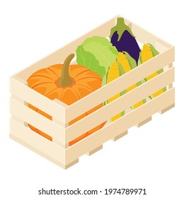 Wooden market box full of colorful fresh vegetables on a white background. Balanced diet concept. Pumpkin, cabagge, golden corn and eggplant. Vector