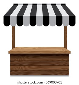 Wooden market stall with black and grey awning on white background.