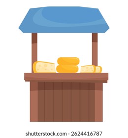 Banca de madeira com um toldo azul exibindo vários tipos de queijo para venda