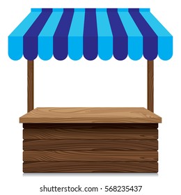 Wooden market stall with blue awning on white background.