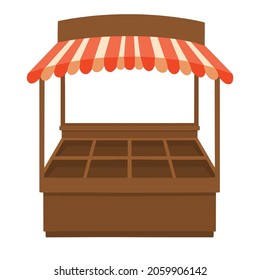 Wooden market stall with isolated red and white striped awnings (vegetables, fresh fruits). Vector illustration.