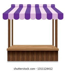 Wooden market stall with purple and pink awning on white background.