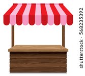 Wooden market stall with red and pink awning on white background.