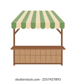 Wooden market stall. Street stall with awning. Fair canopy kiosk, booth with awning, marketing stand with striped tent. Flat style illustration