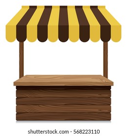 Wooden market stall with yellow and brown awning on white background.