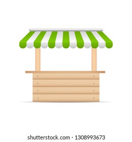 Wooden market stand stall with green and white sunshade. Mock up of wooden counter with canopy for street trading, wooden counter, kiosk, stand. Vector illustration.