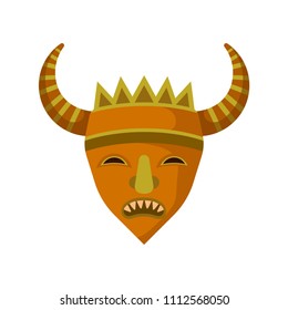 Wooden mask with sharp teeth and big horns. Ethnic symbol of voodoo people. Flat vector for promo flyer of tourist agency or gift store