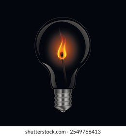 A wooden match burns inside a glass lamp. Fire match under glass lamp