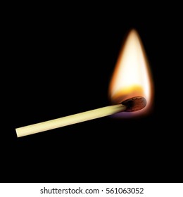 Wooden match on fire. Isolated on a black background. Stock vector realistic illustration.