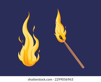 Wooden match stick lighter vector illustration isolated on horizontal dark blue colored landscape template. Simple flat object drawing.