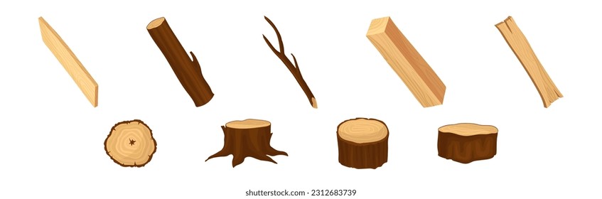 Wooden Material with Log, Plank, Stump and Cross Section Vector Set